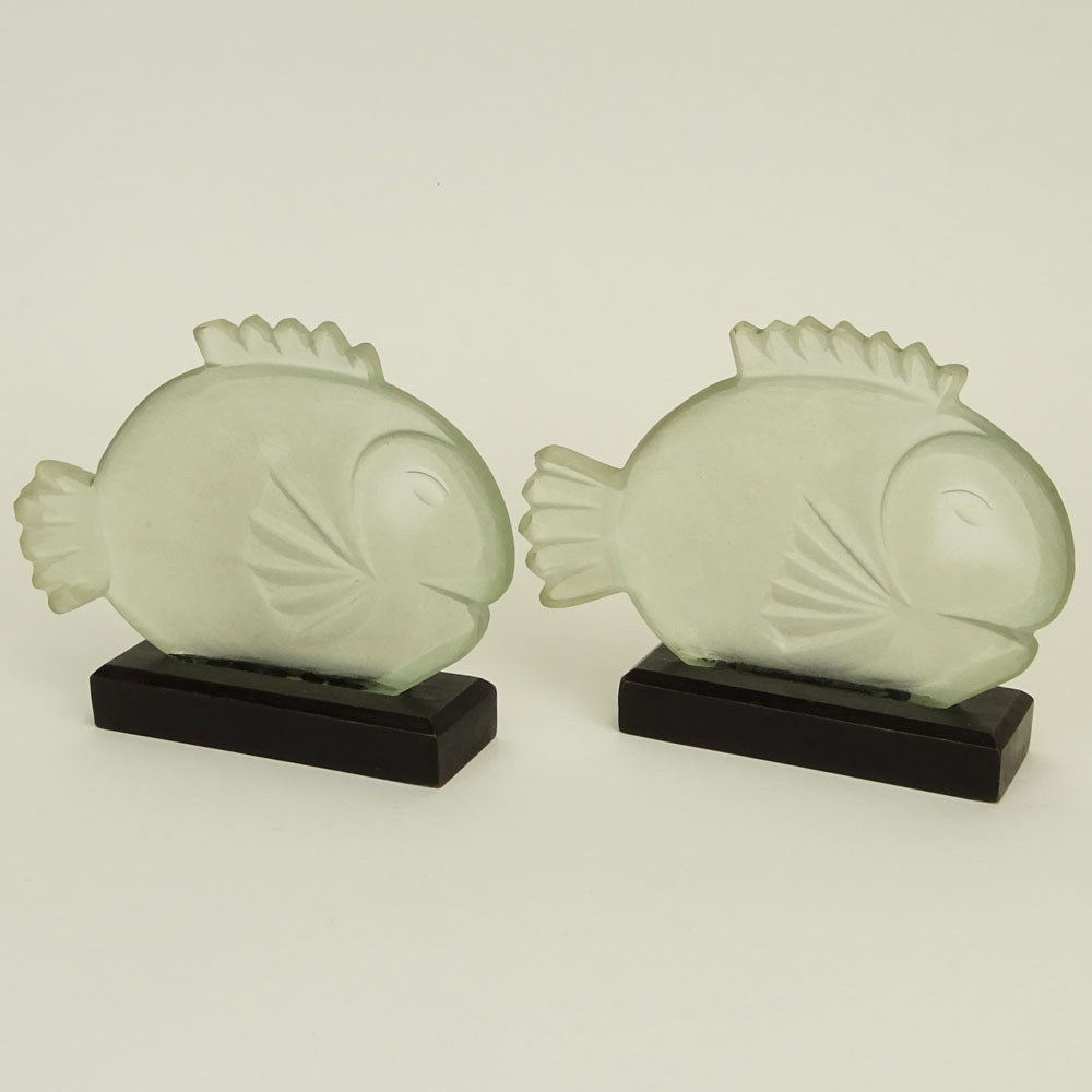 Pair Art Deco Frosted Crystal Fish Figurines in Stands