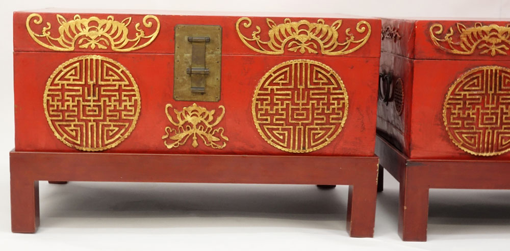 Pair of Chinese Red Lacquered Pigskin Storage Chests on Stand