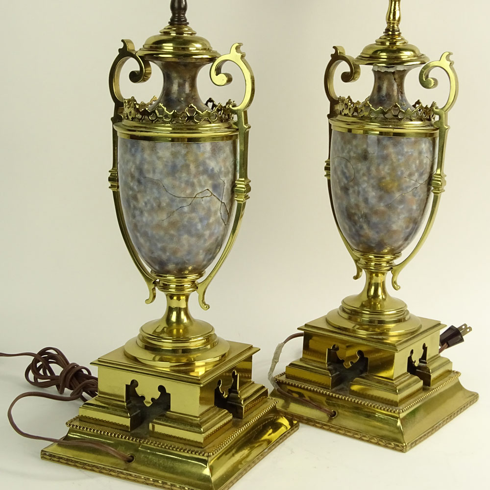 Pair of Early 20th C Japonism Brass Mounted Hand painted Faience Urns Now As lamps