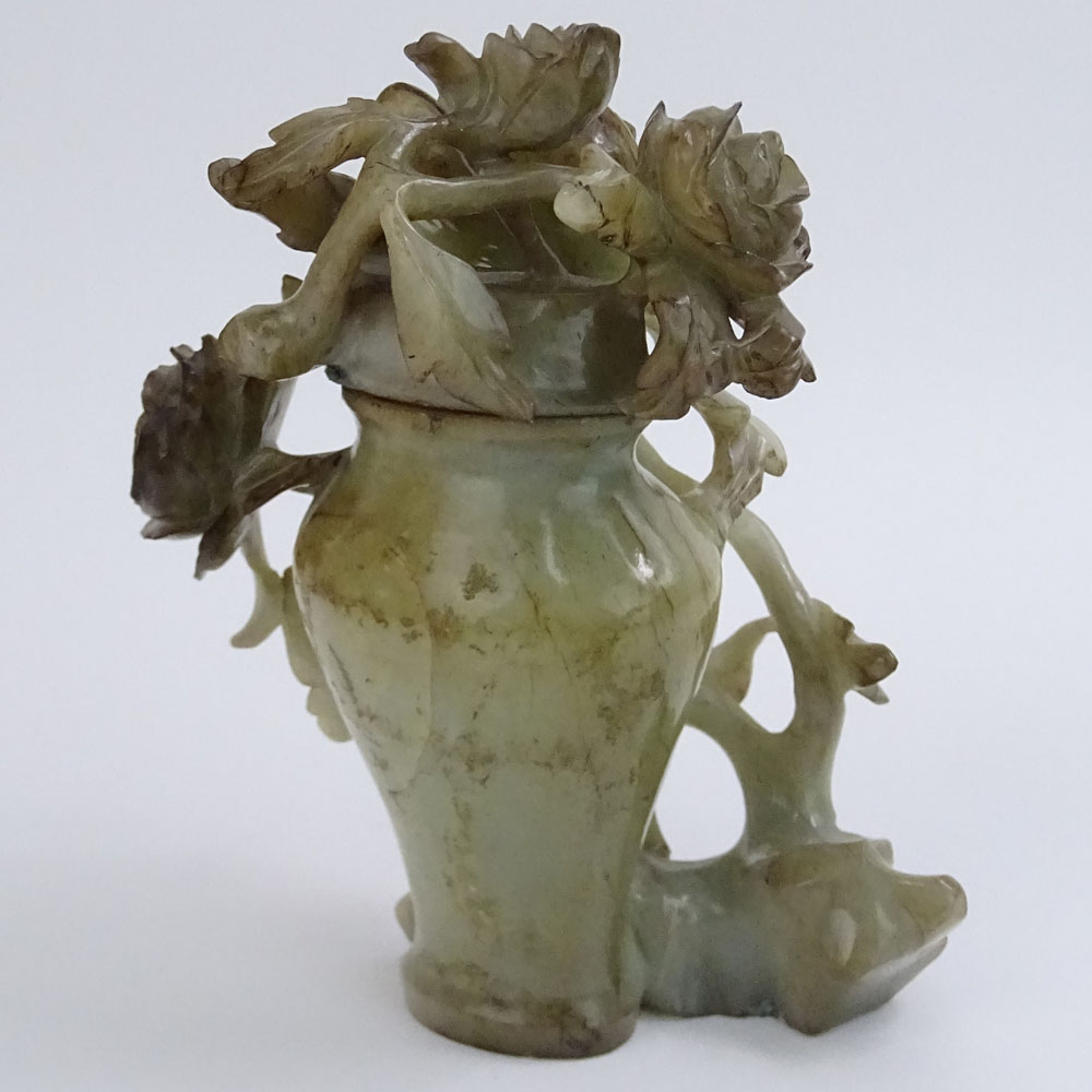 20th Century Chinese Carved Jade Covered Vase with Flowers