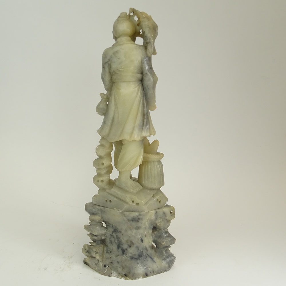 Vintage Chinese Carved Soap Stone Figure of a Fisherman On Soap Stone Base