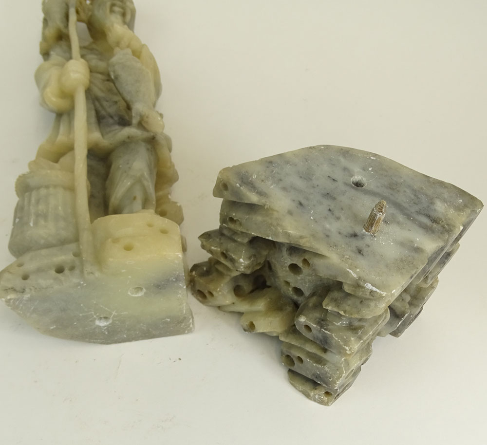 Vintage Chinese Carved Soap Stone Figure of a Fisherman On Soap Stone Base