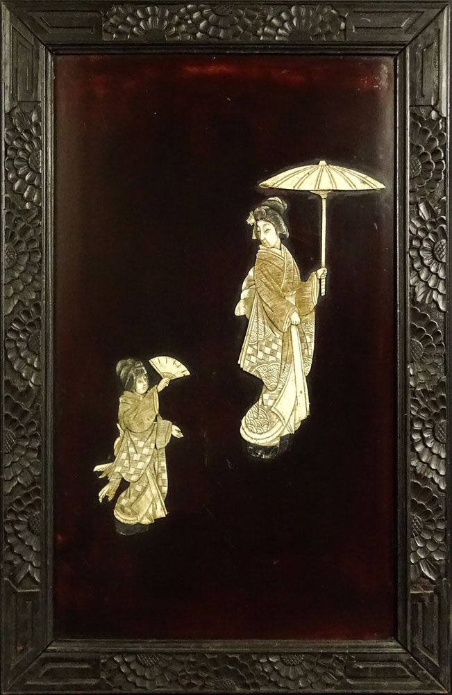 Vintage Chinese Carved Bone Inlaid Panel in carved wood frame