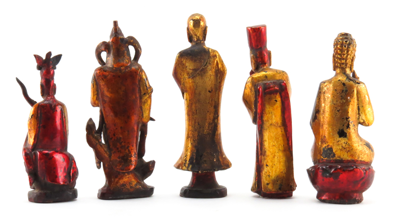 Grouping of Five (5) 19/20th Century Chinese Wood Carved Gilt Painted Figurines