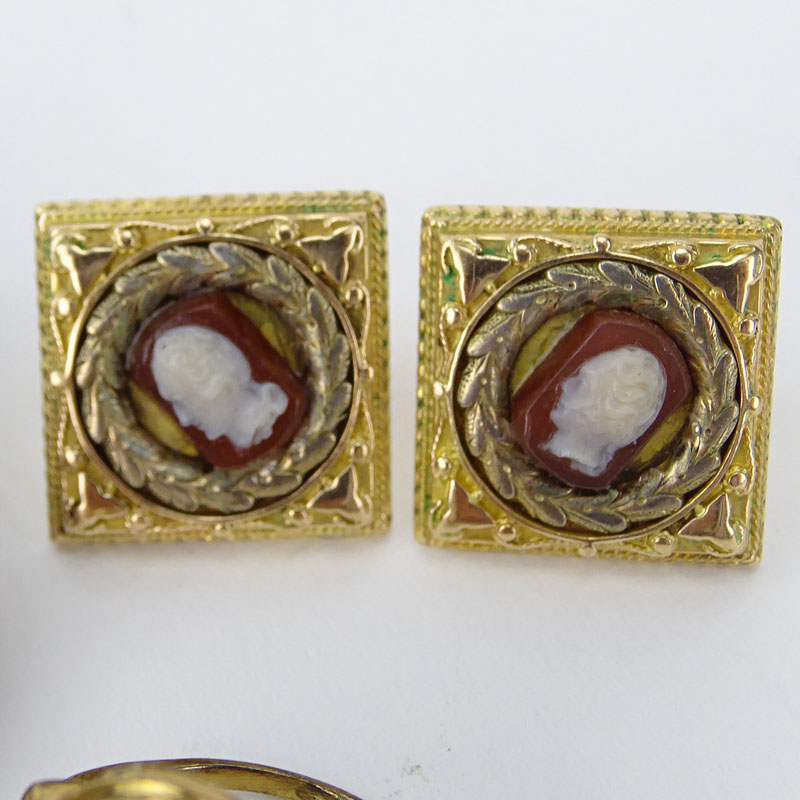Vintage to Antique Jewelry Lot Including a 14K Yellow Gold and Cameo Ring, Pair of 14K Yellow Gold and Cameo Earrings, Pair of Carve Intaglio Carnelian and Silver Earrings and a Carved Shell and Silver Cameo Brooch