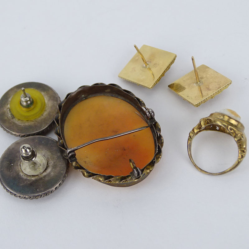 Vintage to Antique Jewelry Lot Including a 14K Yellow Gold and Cameo Ring, Pair of 14K Yellow Gold and Cameo Earrings, Pair of Carve Intaglio Carnelian and Silver Earrings and a Carved Shell and Silver Cameo Brooch