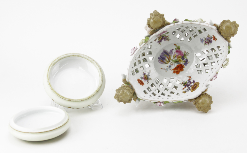 Vintage Porcelain Reticulated Cherub Basket together with Limoges France Powder Box