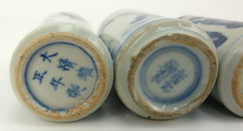 Three (3) 19th Century Chinese Blue and White Porcelain Snuff Bottles
