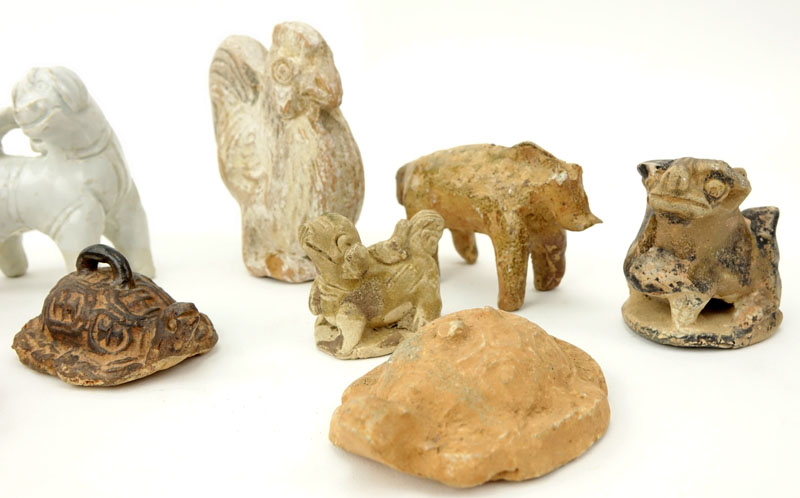 Collection of Nine (9) Early Chinese Pottery and Stone Mat Weights and Figurines