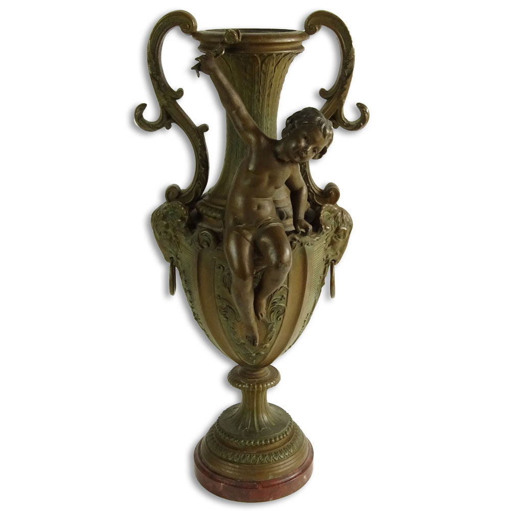 Vintage French Metal Figural Urn on Rouge Marble Base
