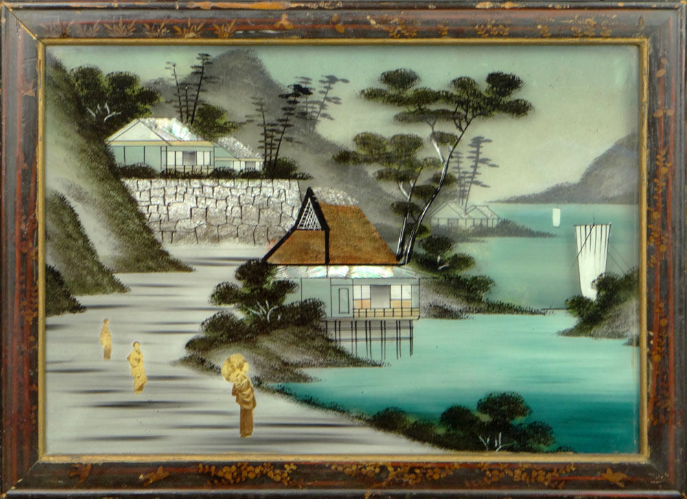 19/20th Century Japanese Reverse Painting on Glass and Watercolor Diorama, "Geishas in Mountain Landscape"