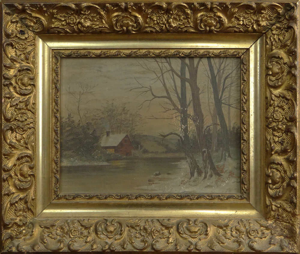 Small Antique Oil on Canvas "Cabin On The Lake" Initialed Lower Right EMB