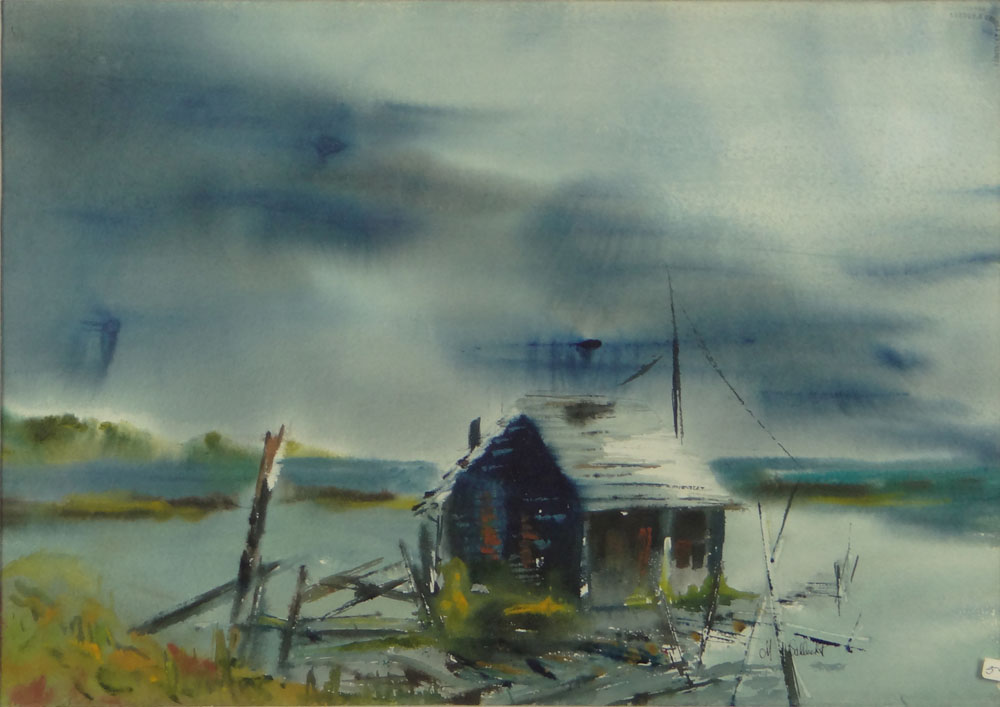 20th Century Watercolor on Paper "Cabin on the Shore"