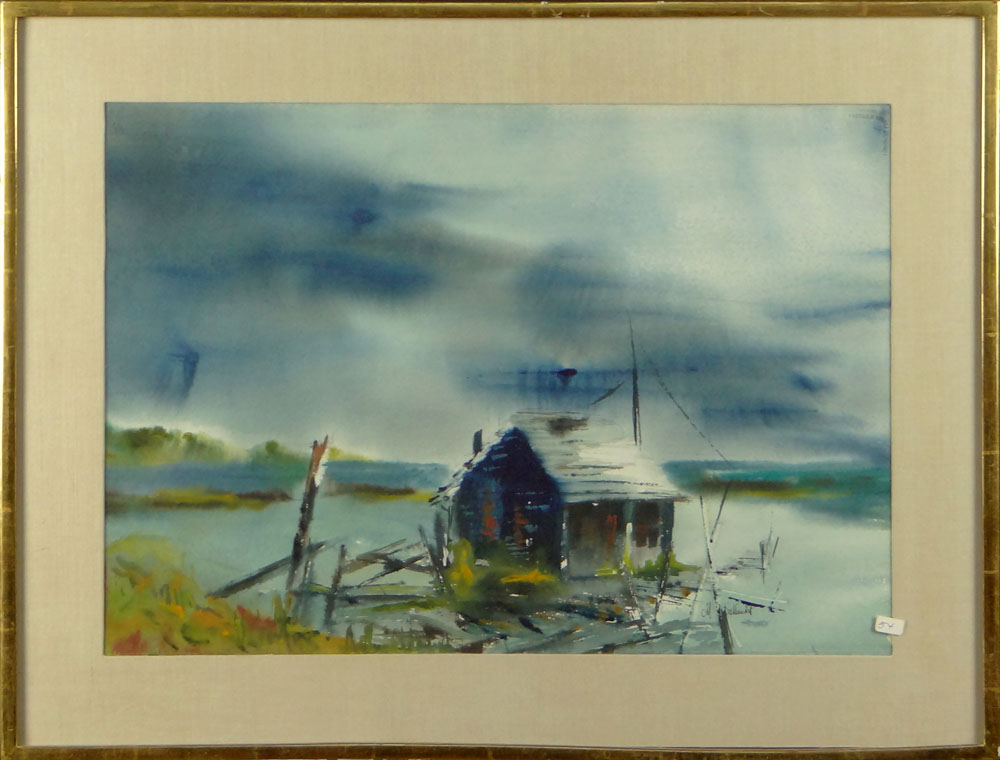 20th Century Watercolor on Paper "Cabin on the Shore"