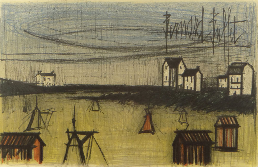 Bernard Buffet, French (1928-1999) Color Lithograph "Landscape with Houses"
