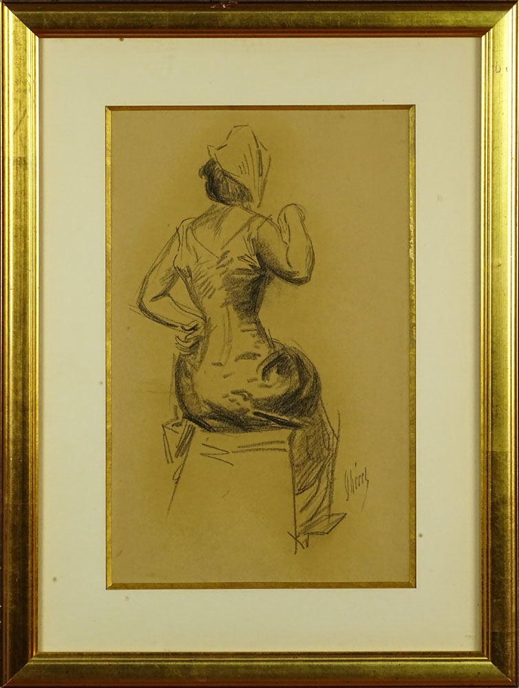 Art Deco Period Charcoal Drawing "Seated Lady on Paper" Signed Lower Right (illegible) Toning from age, Minor Foxing or in Otherwise Good Condition