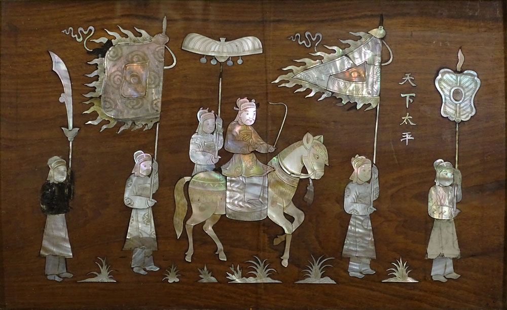 Chinese Framed Carved and Incised Mother of Pearl Inlaid Wood Panel Depicting a Nobleman on Horseback with Attendants