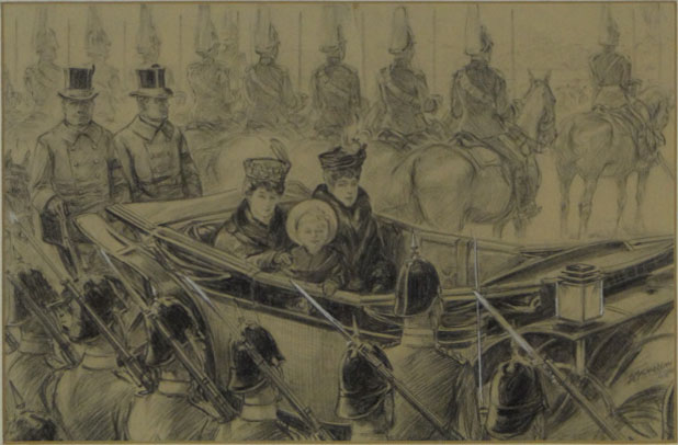 D. MacPherson Pencil, Charcoal and Heightener "Two Queens in Open Carriage" 