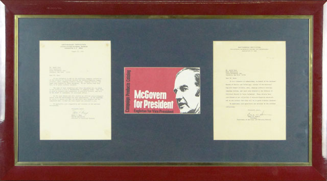 Circa 1972/1973 Two (2) Framed Letters from The Smithsonian Institution Acknowledging the Donation of Eugene McGovern 1972 Presidential Campaign Materials to the National Museum of History and Technology
