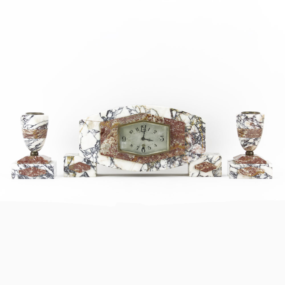 Circa 1930s 3Pc. Art Deco UCRA Marble Clock Garniture Set