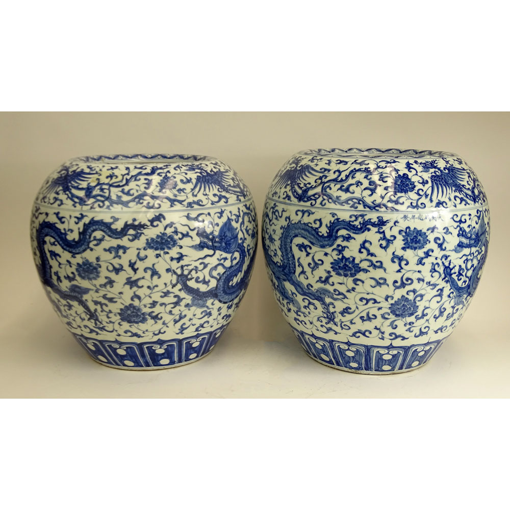 Pair of 20th Century Chinese Ming style Blue and White Porcelain Jardinières