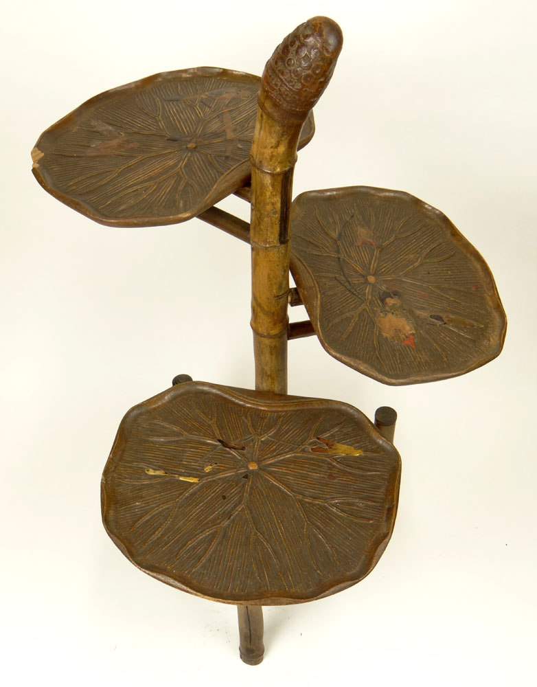 Early 20th Century Bamboo Étagère with Carved Wood Lily Pad Shelves with Traces of Lacquer