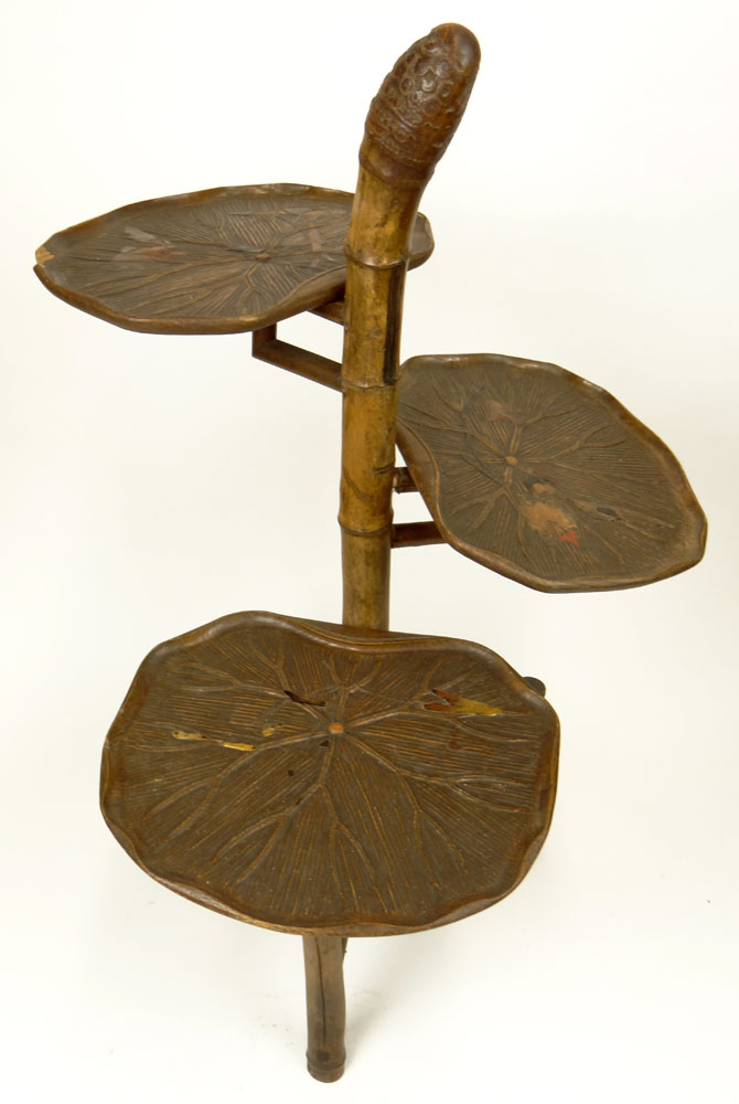 Early 20th Century Bamboo Étagère with Carved Wood Lily Pad Shelves with Traces of Lacquer