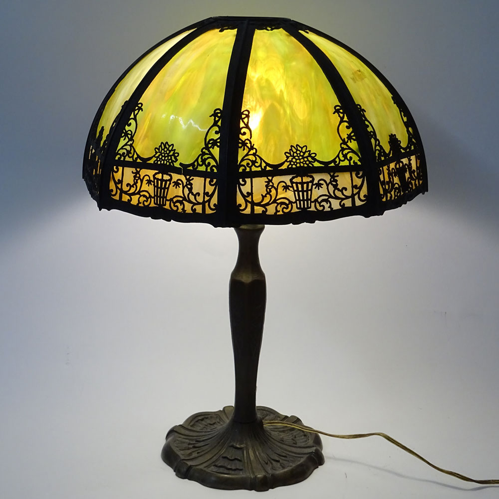 Antique Green Slag Glass Table Lamp with Metal Overlay and Bronze Base
