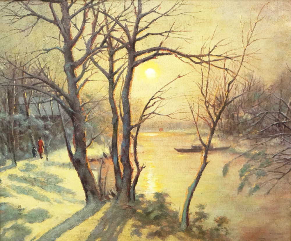 after: Yan Wenliang Chinese (1893-1990) Oil on Canvas "Cold Day at the Lake" Signed Lower Left