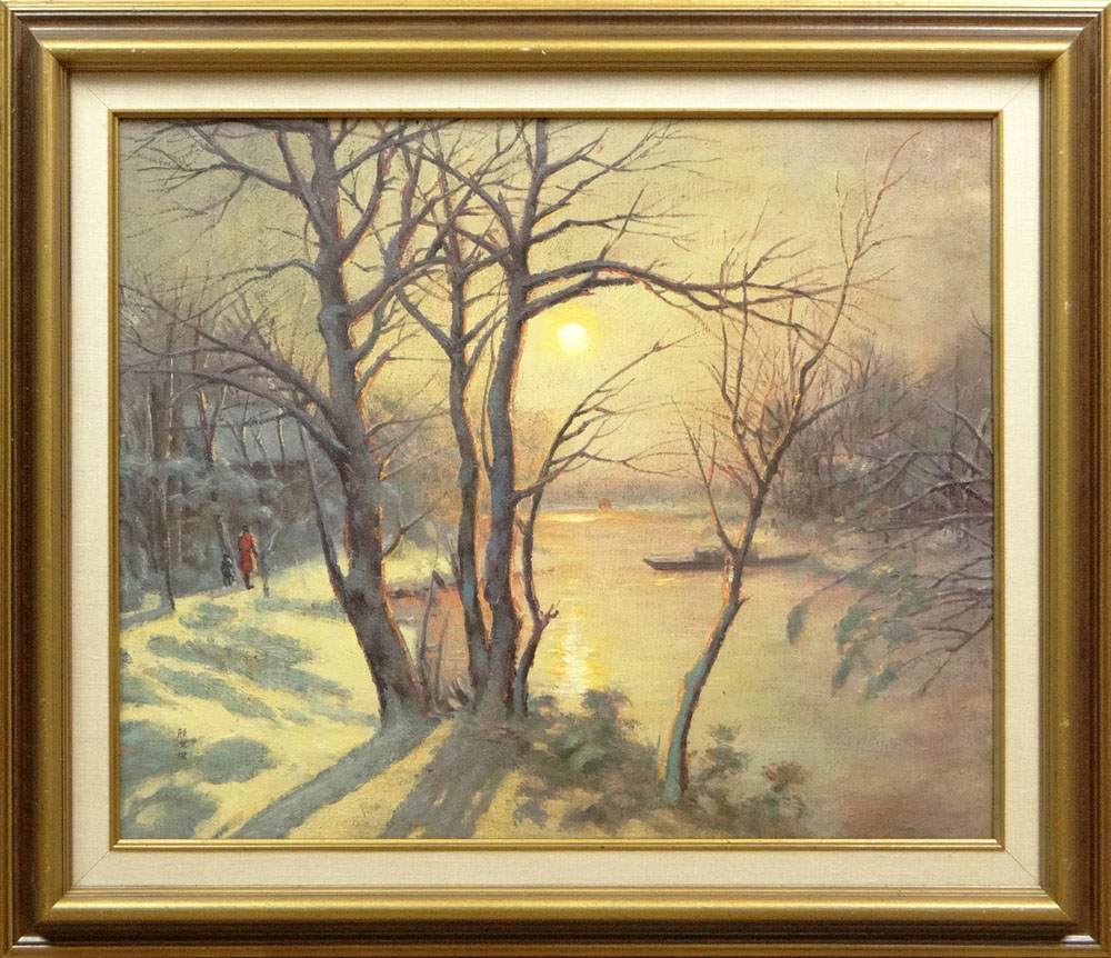 after: Yan Wenliang Chinese (1893-1990) Oil on Canvas "Cold Day at the Lake" Signed Lower Left