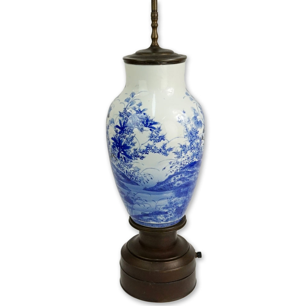 Vintage Chinese Blue and White Porcelain Vase as a Lamp on Metal Base