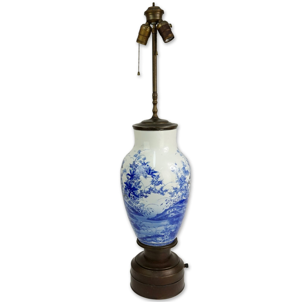 Vintage Chinese Blue and White Porcelain Vase as a Lamp on Metal Base