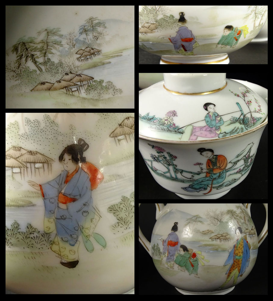 Vintage Four (4) Piece Hand Painted Japanese Porcelain Tea Set With Associated Vintage Chinese Covered Rice Bowl