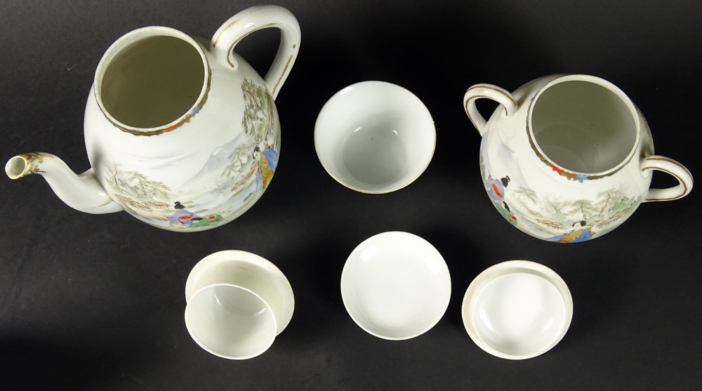 Vintage Four (4) Piece Hand Painted Japanese Porcelain Tea Set With Associated Vintage Chinese Covered Rice Bowl