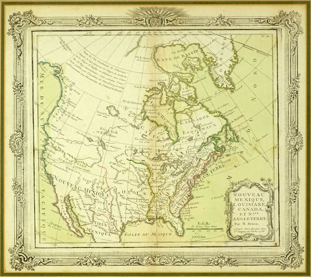 Circa 1766 French Engraving Map of North America with embellished border