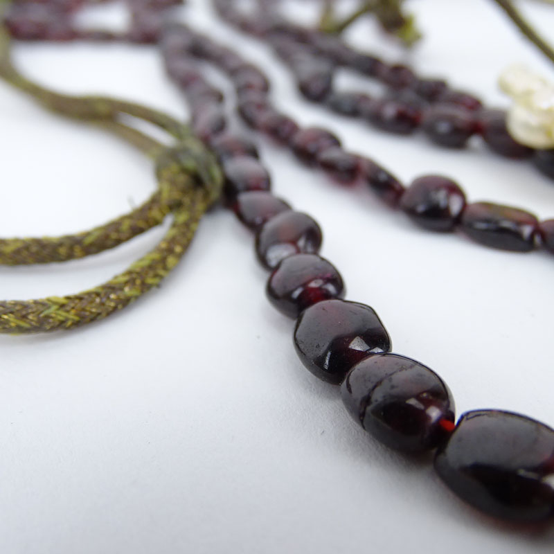 Two (2) Vintage to Antique Garnet Bead Necklaces together with a Fresh Water Baroque Pearl Necklace with Silver Clasp