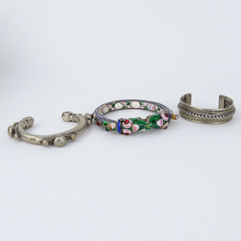 Seven (7) Piece Silver Lot Including: Enamel Bangle Bracelet with Elephant Heads and 'jewels'; Enamel Elephant Pendant; Two (2) Cuff Bangles; Two (2) Boxes and One (1) Chain Section with pendant
