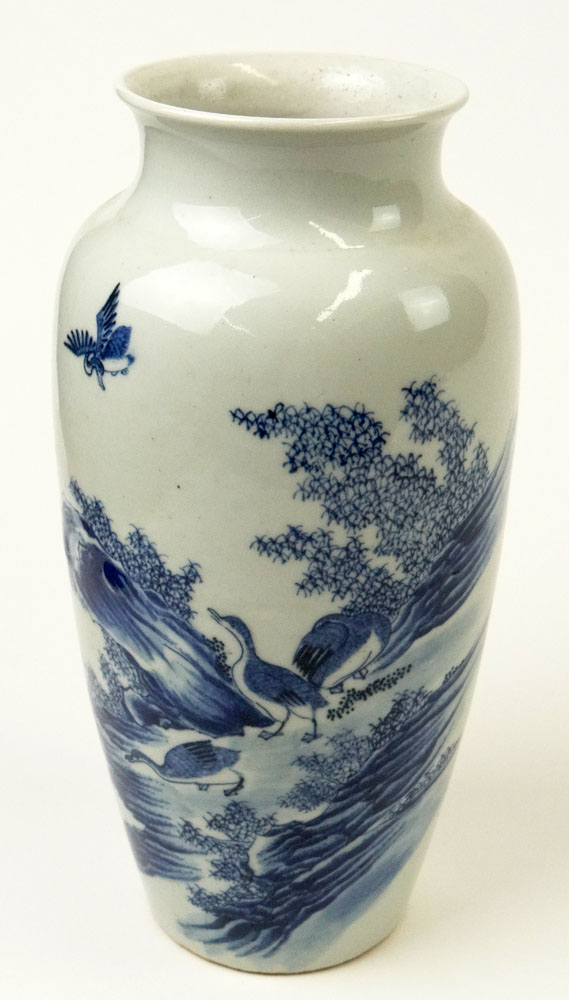 Chinese Blue and White Decorated Small Vase with Ducks Motif