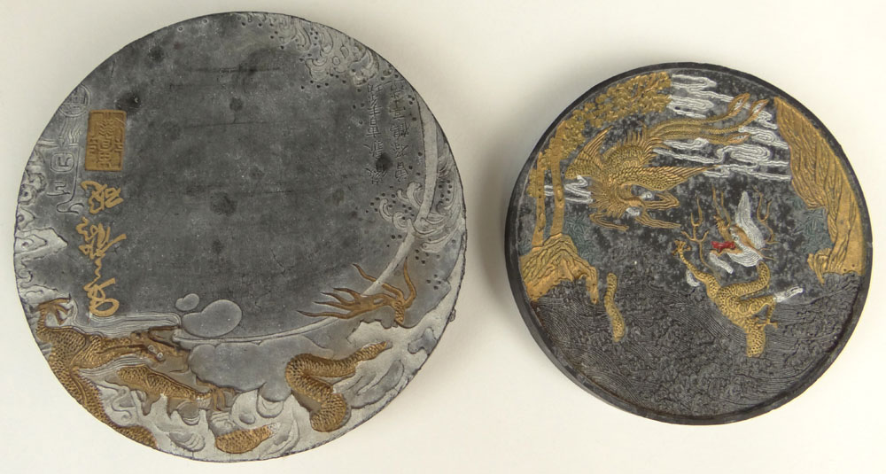 Two (2) Chinese Round Carved Inkstones