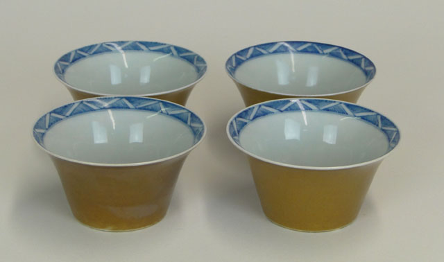 Set of Four (4) 20th Century Chinese Porcelain Wine Cups with Blue and White Decoration