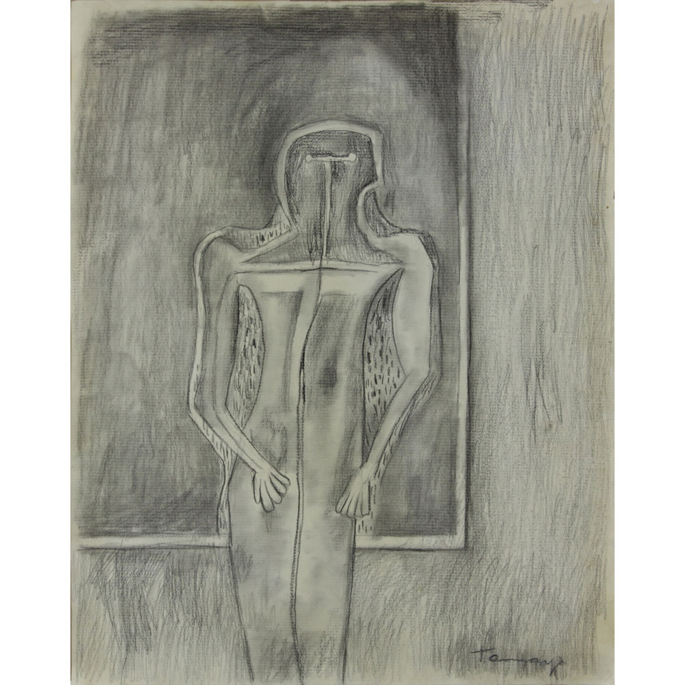 Attributed to: Rufino Tamayo, Mexican (1899 -1991) Charcoal on paper "Figure In A Room" Signed lower right
