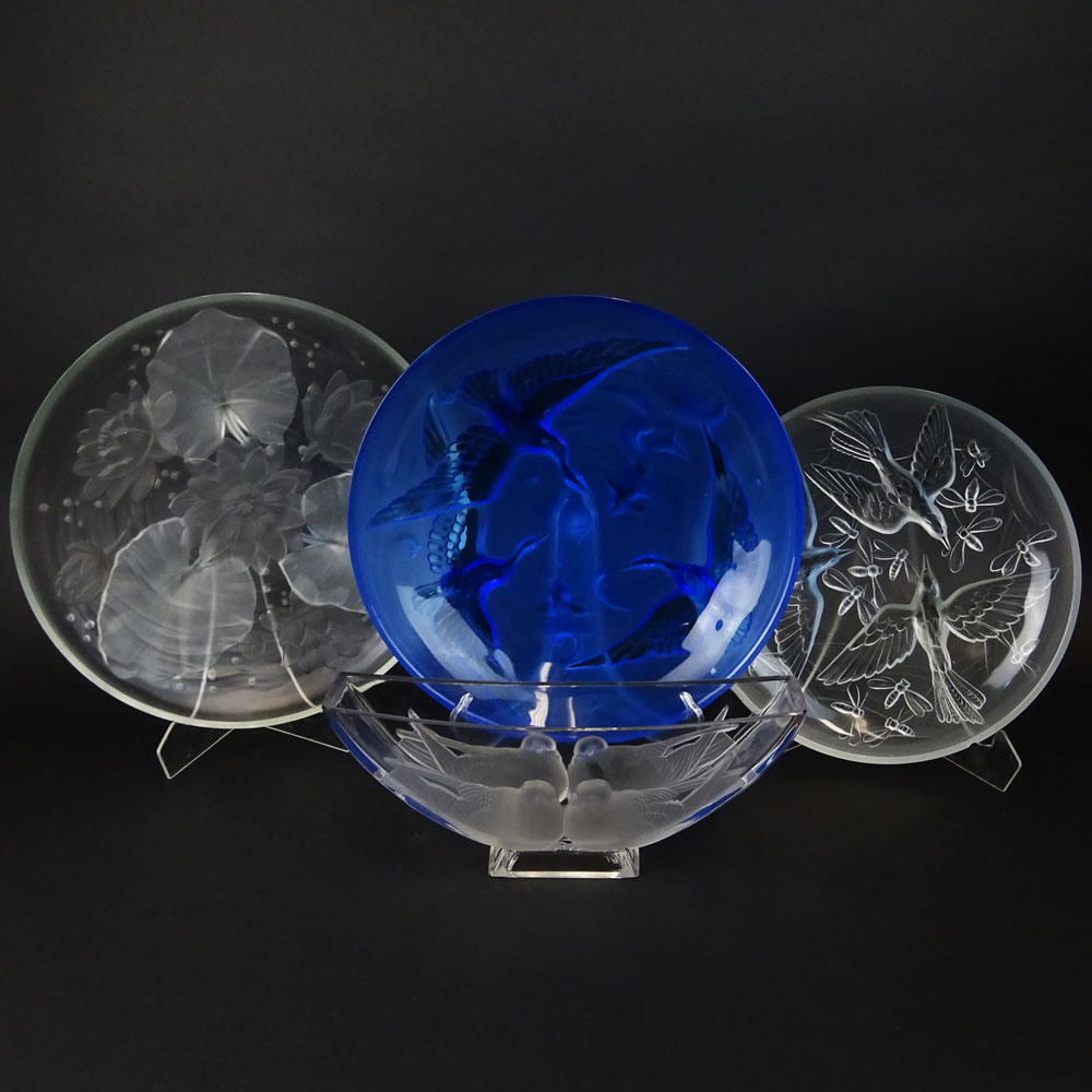 Lot of Four (4) Verlys Glass Item Including a deep blue Cormorant & Koi Charger, unsigned, 13-1/2", light scratches; frosted glass Lotus Charger, unsigned, 13-3/4", scratches and small chips; Frosted Bird & Bee Charger, signed, 11-5/8" Chip on edge; Love 