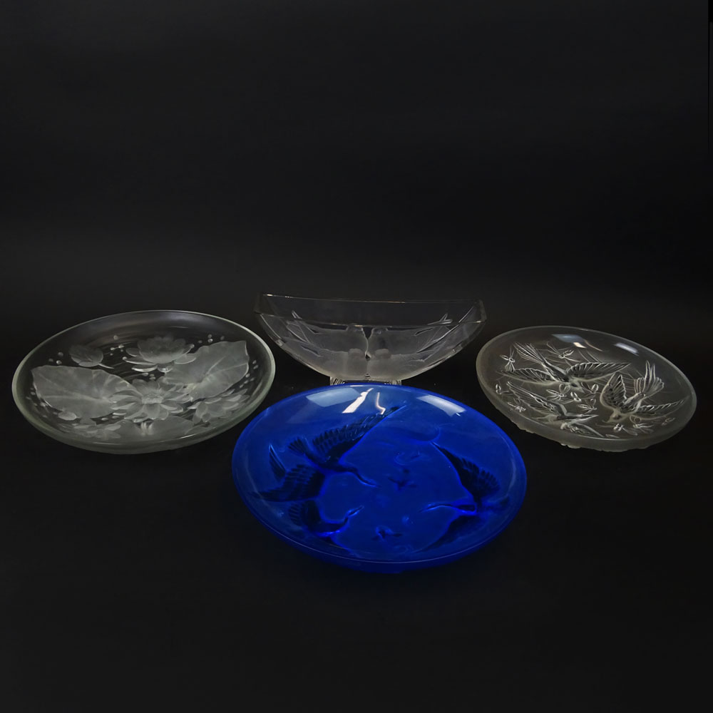 Lot of Four (4) Verlys Glass Item Including a deep blue Cormorant & Koi Charger, unsigned, 13-1/2", light scratches; frosted glass Lotus Charger, unsigned, 13-3/4", scratches and small chips; Frosted Bird & Bee Charger, signed, 11-5/8" Chip on edge; Love 