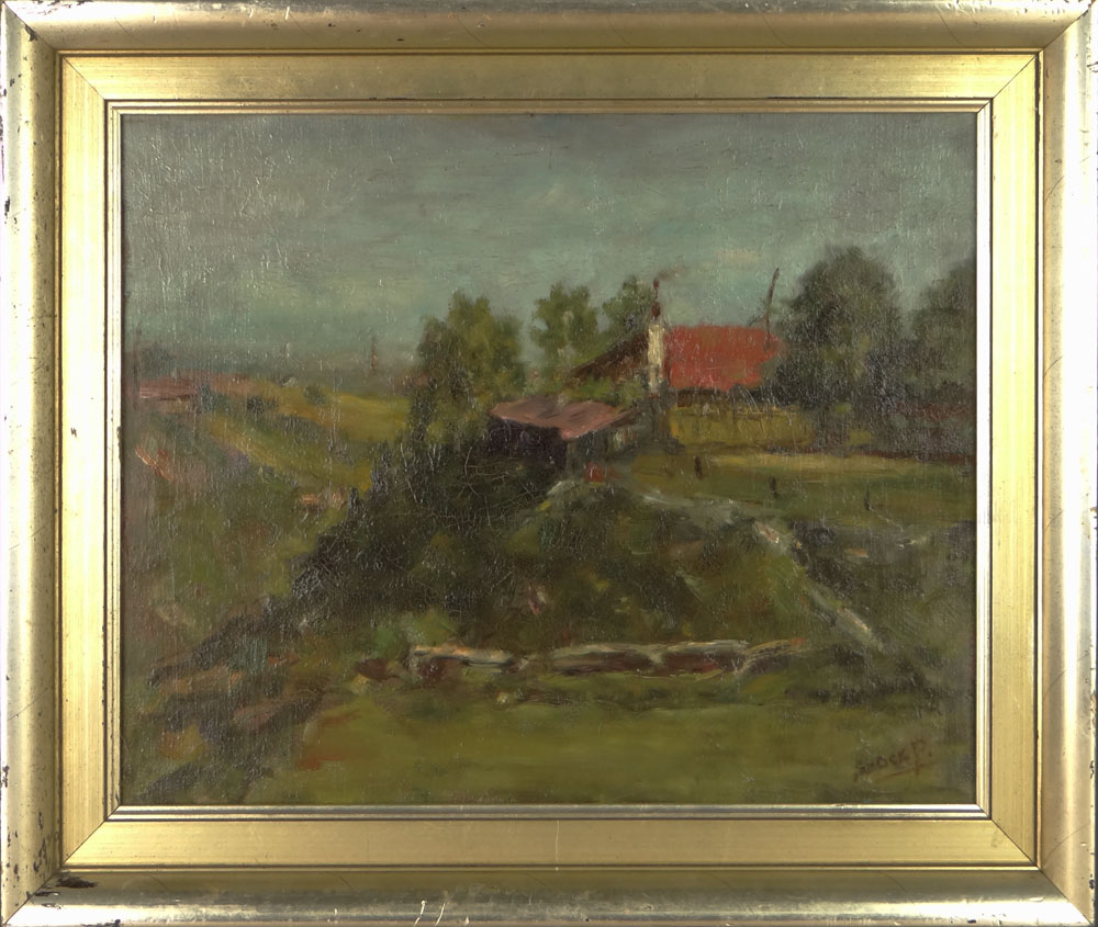 20th Century Continental School Oil on Board "Landscape with Barn" Possibly Russian