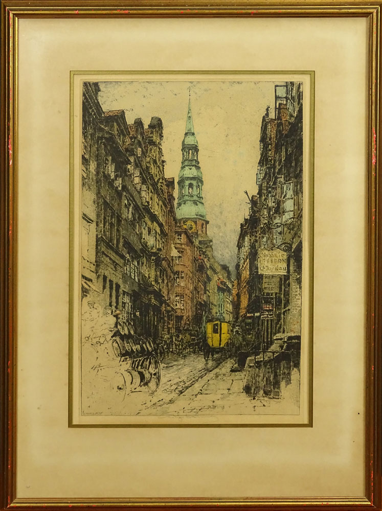 Luigi Kasimir, Austrian (1881-1962) Color Etching "Vienna Street, 1927) Signed in Pencil Lower Center