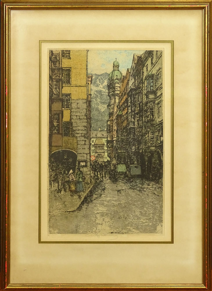 Luigi Kasimir, Austrian (1881-1962) Color Etching "Austrian Street" Signed in Pencil Lower Center