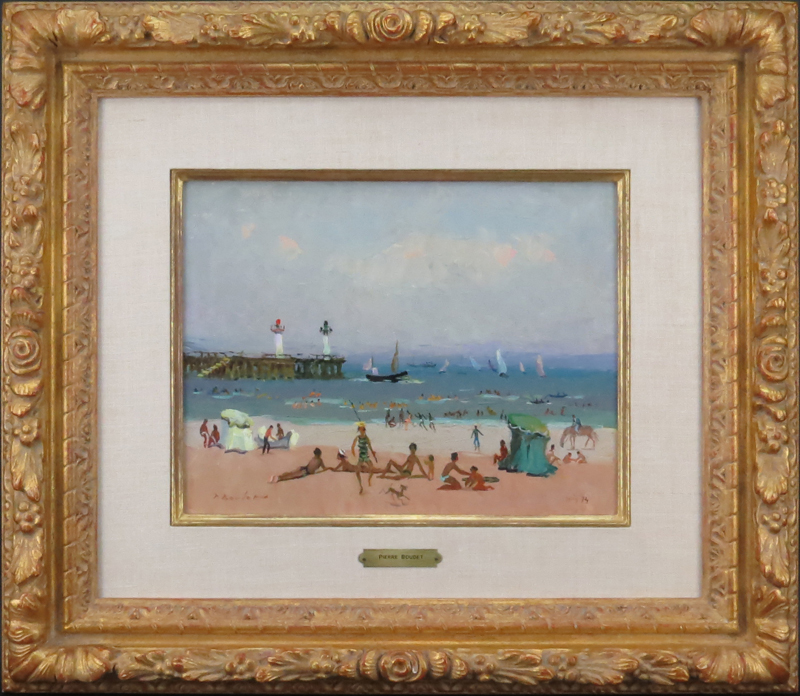 Pierre Boudet, French (1925-2010) Oil on board "Plage de ___, Deauville" Signed lower left, inscribed and dated '74 by the artist en verso. 