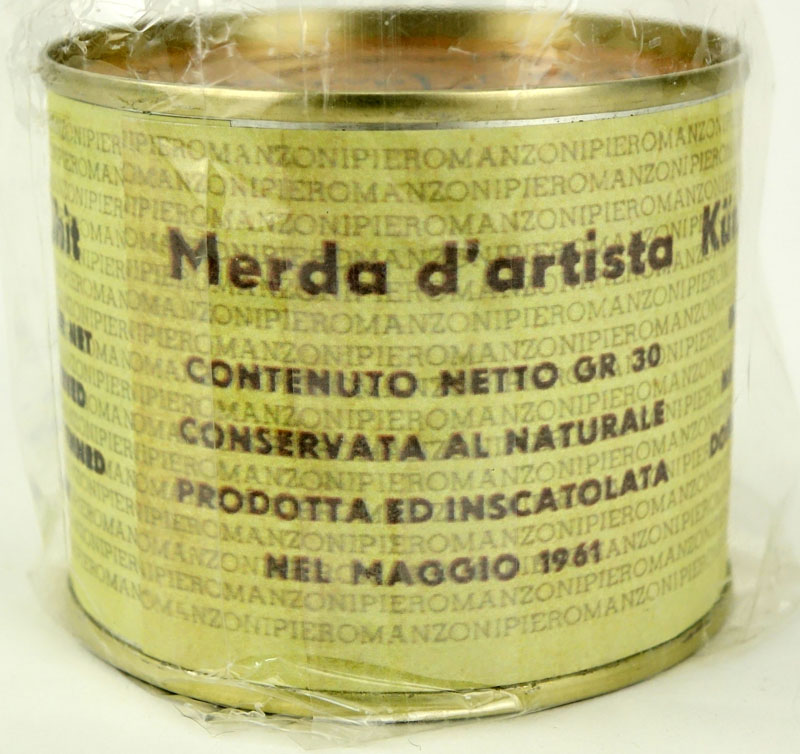 After Piero Manzoni, Italian (1933 - 1963) Tin can and Printed paper, in cellophane bag with thumbprint "Merda d'Arista - Artist's Shit".