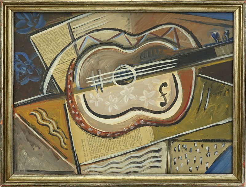 1930's French School oil/collage on Masonite "Still Life With Guitar". 