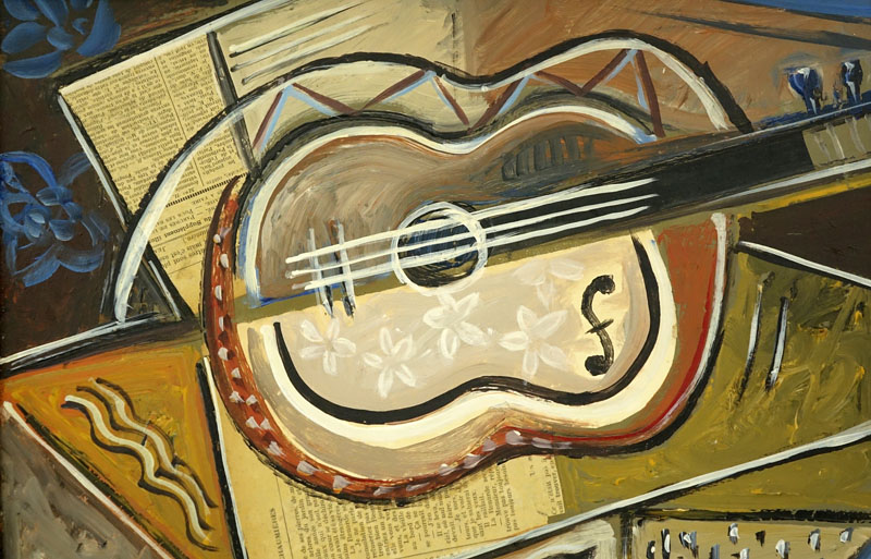 1930's French School oil/collage on Masonite "Still Life With Guitar". 